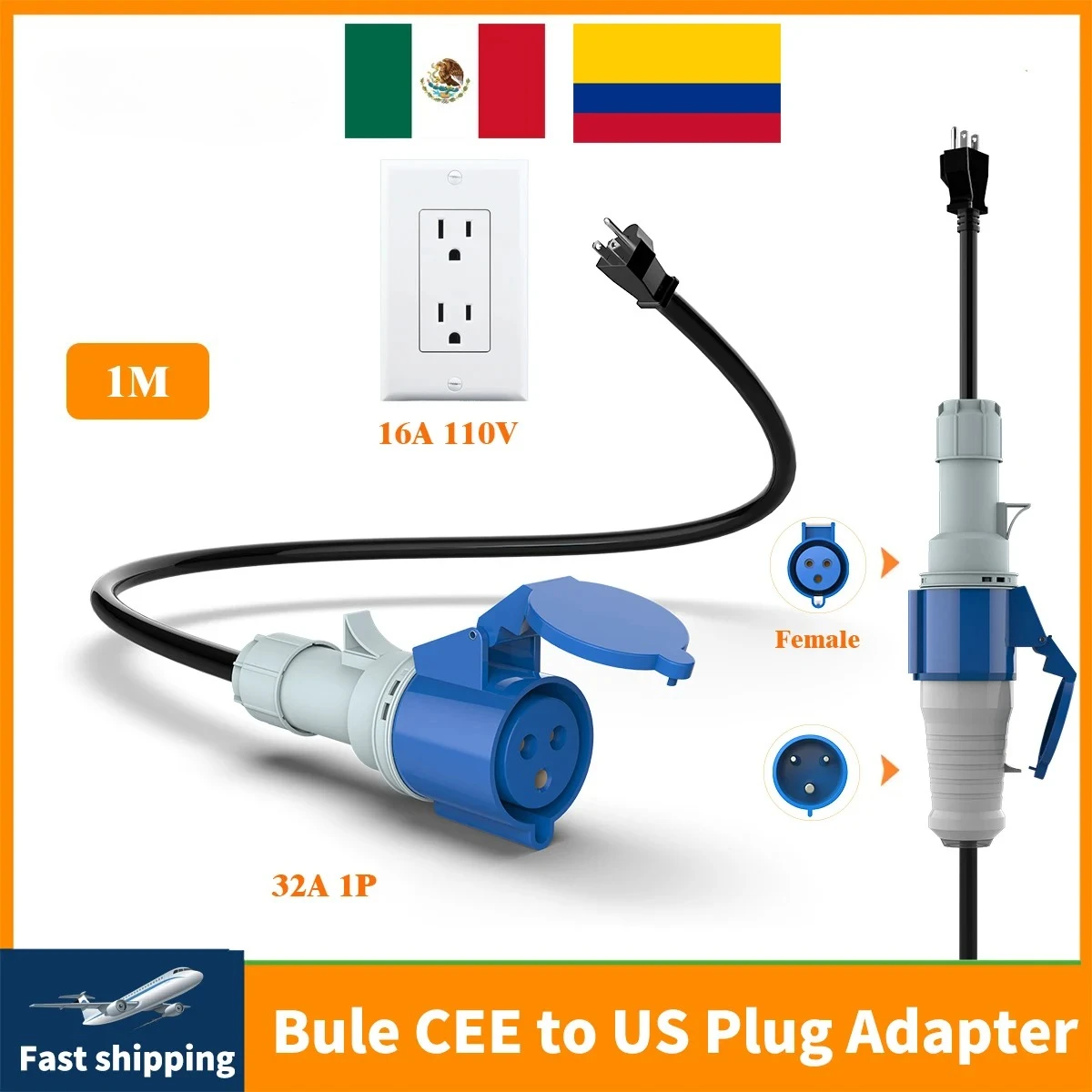 CEE To US 5-15P Adapter Wall Socket EV Charger CEE Female Plug 3 Pins Bule Extend Cable Connect with 7KW 32A 1P Charger