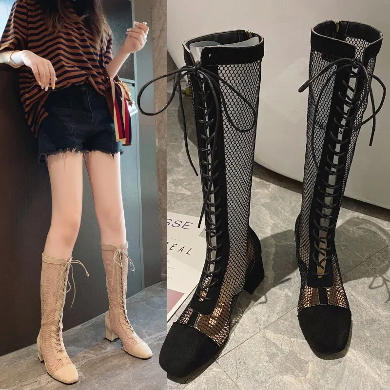 Women's Mid-Heel Hollow-Out Boot Sandals Summer New Tall Net Boots Lace-Up Black Mesh Roman Sandals