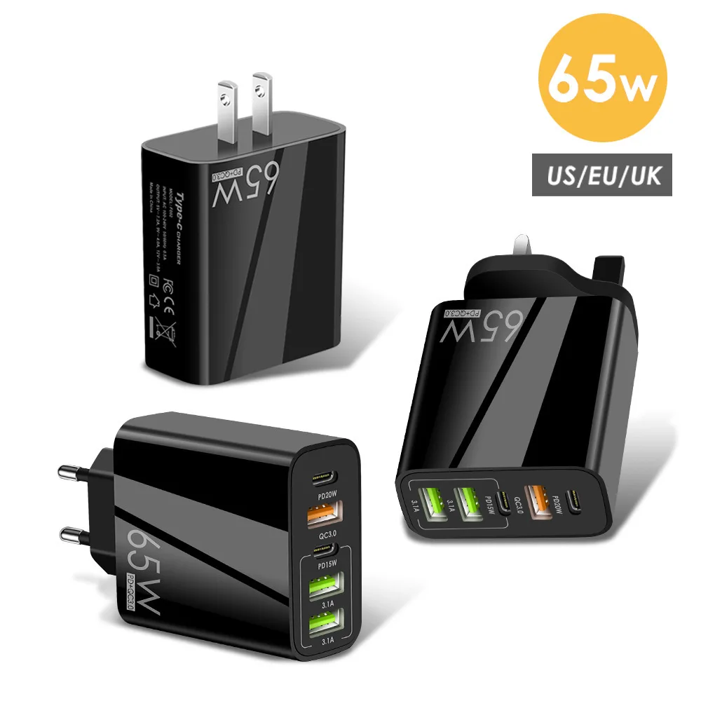 PD 65W Fast Charging Mobile Phone Charger 5V 4A US UK EU KR PD+3USB Multi Port Adapter Charging Head for Samsung Huawei