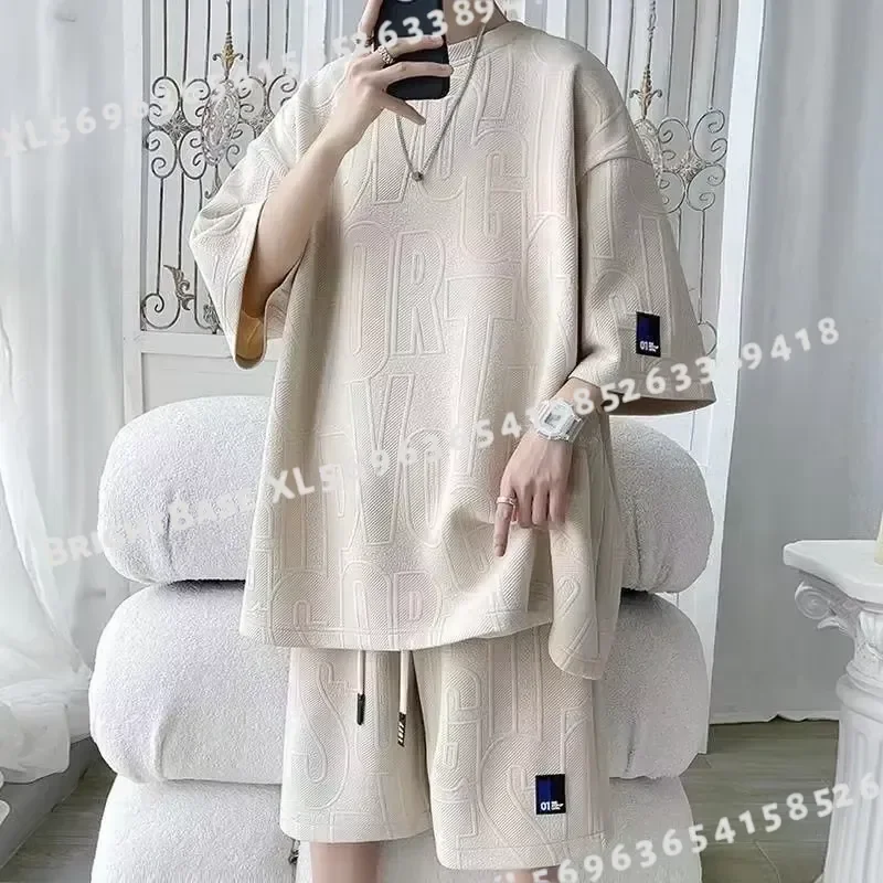 2026 New 3D Waffle Men's Summer Suit Casual T-shirt and Shorts Set Solid Color Loose Tracksuit for Men Comfortable Leisure