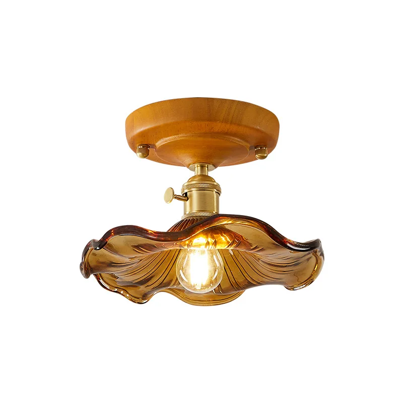 

Glass solid wood retro pure copper entrance corridor aisle light balcony light medieval homestay French small ceiling light