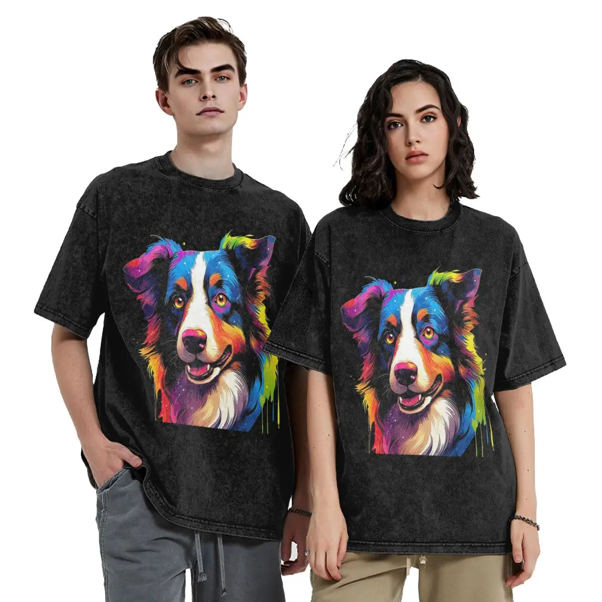 Border Collie Washed T Shirts Harajuku Short Sleeve Hip Hop T-Shirt Streetwear Tops Tees for Men Women