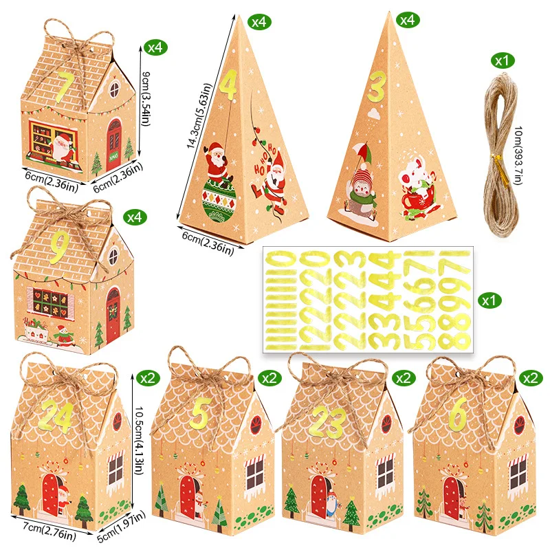 Christmas Gift Boxes Advent Calendar Gingerbread House Paper Box Xmas New Year Party Packaging Supplies Package Bags 24pcs Mixed