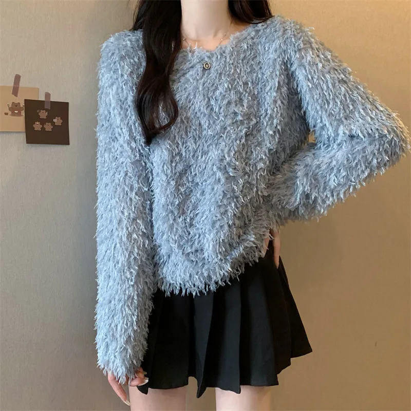 Pullover Pink Round Necked Long Sleeved Knitted Sweater Korean Autumn Sueters De Mujer Feathers Tops Jumper 2024 Sweet