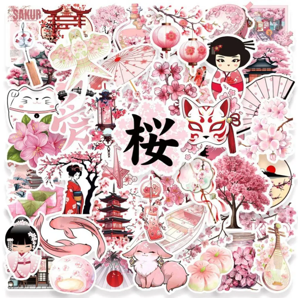 50pcs Japanese Sakura Stickers, Pink Cherry Blossom Aesthetic PET Decals, Kawaii Waterproof DIY Stickers for Journaling, Scrapbo