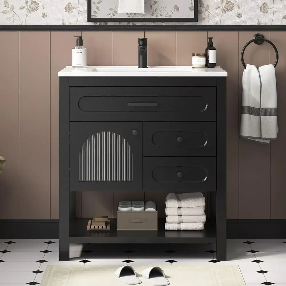 30 Inch Solid Wood Vanity with Integral Sink, Soft-Closing Door & Drawers