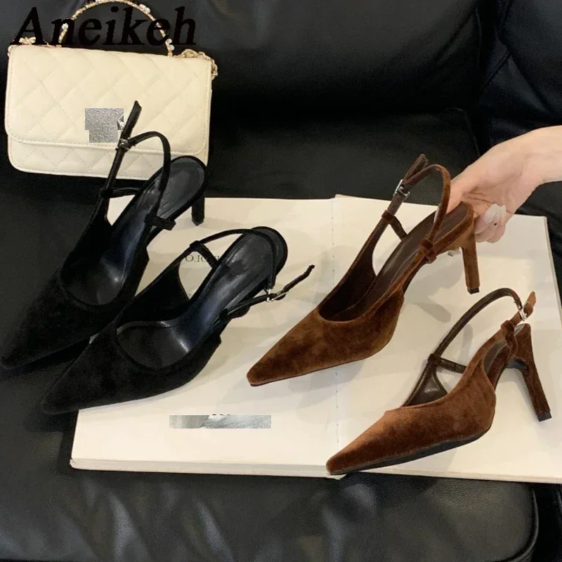 Aneikeh Retro Brown Velvet Pointed Sandals 2026 New Spring/summer Season Slim Heel High-heeled Banquet Dance Shoes Female