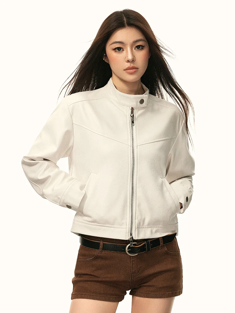 Jaqueta de Couro Feminina Aaisup Estilo Americano Retrô com Gola Alta, Solta e Modeladora, Roupa de Motociclista, Nova Chegada de Outono