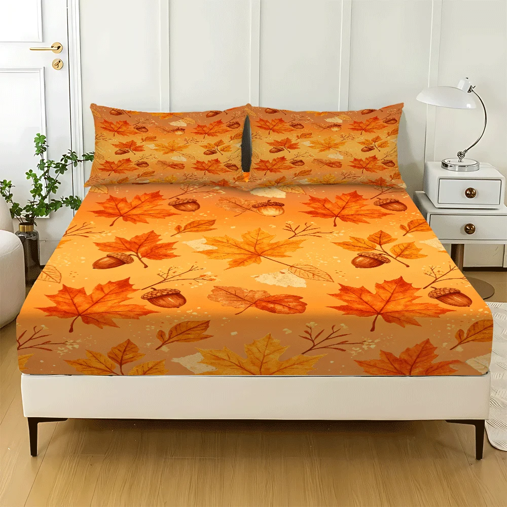Thanksgiving Harvest Party Red Maple Leaf Mattress Protector with Pillowcase, 1 Fitted Sheet + 2 Pillowcases (Without Filling) 2D Flat Printing, Mattress Protector, Mattress Cover, Elastic Fitted Sheet Cover, King/Twin/Queen Size Master Bedroom Guest Room Decoration, Dustproof and Stain-Resistant, High Elasticity, Fits Various Sizes