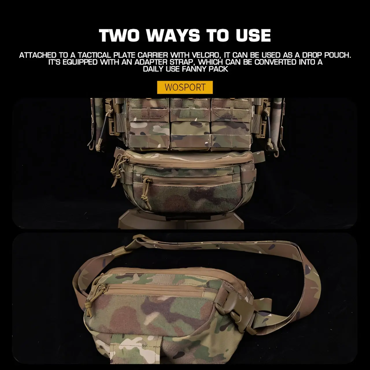 Wosport Tactical Multifunctional Drop Pouch with Velcro Vest Mount Modular Storage Elastic Retention and Dual-Zipper for Airsoft