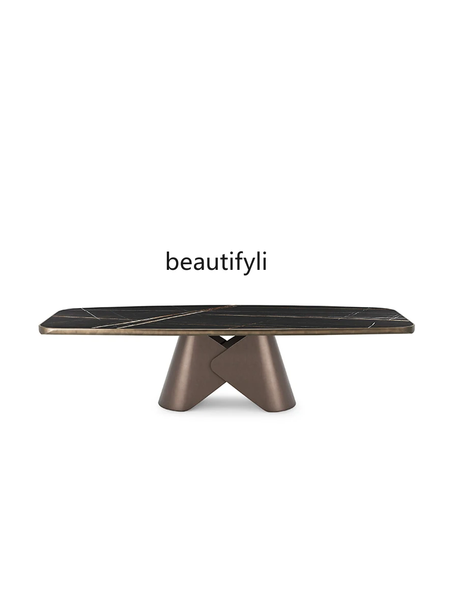 

Italian Minimalist Natural Luxury Stone Dining Table Creative Design Villa Stainless Steel Conference Table Dining Table