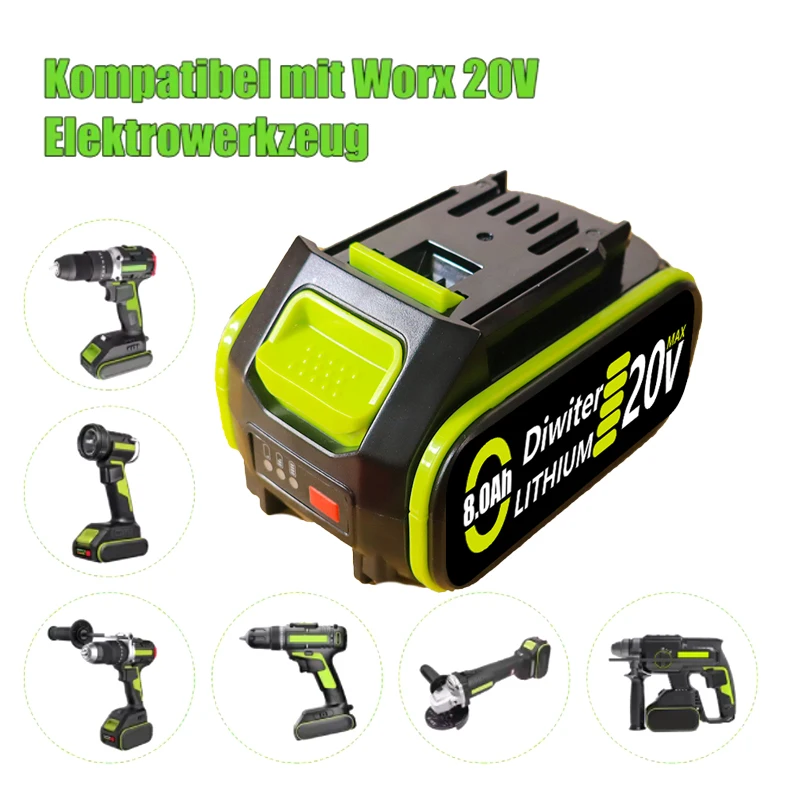 For WORX 20V 8.0Ah High-Capacity Lithium-Ion Battery WA3551 WA3551.1 WA3553 WA3641 WX373 WX390 Rechargeable Tool Battery
