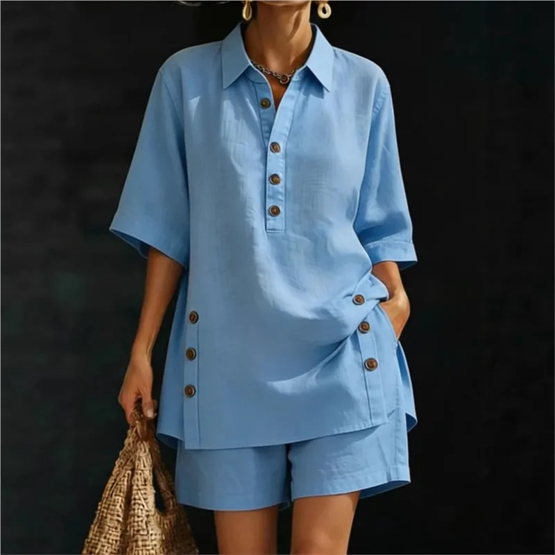 

Solid Color Lapel Top+wide Leg Pants Women's Two-piece Set Summer Fashion Short Sleeved Loose Top Shorts Suit Lady Office Outfit