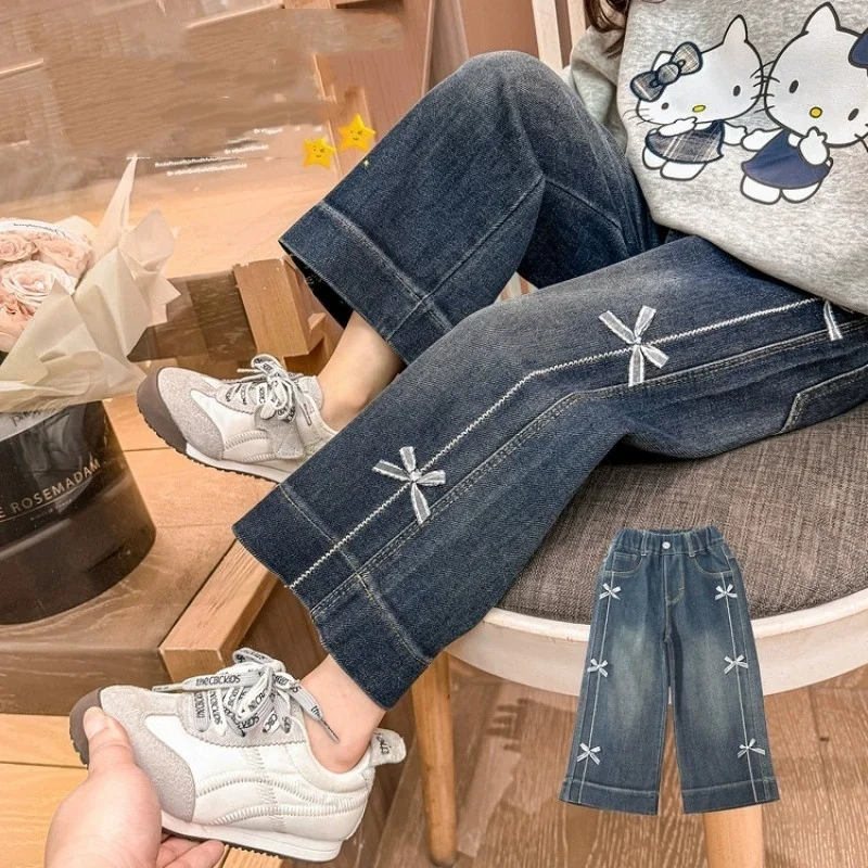 

Girls Pants Fashion Bow Loose Jeans 2026 Autumn New Korean Style Childrens Wide Leg Pants Casual Baby Clothing 2-8T