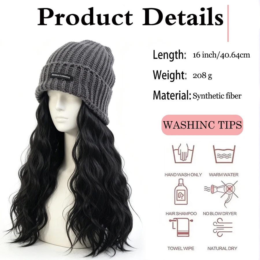 Grey Stretch Knit Hat with Long Wavy Synthetic Wig, High Density Heat Resistant Fiber, Warm Fashion Winter Daily Hat Wig