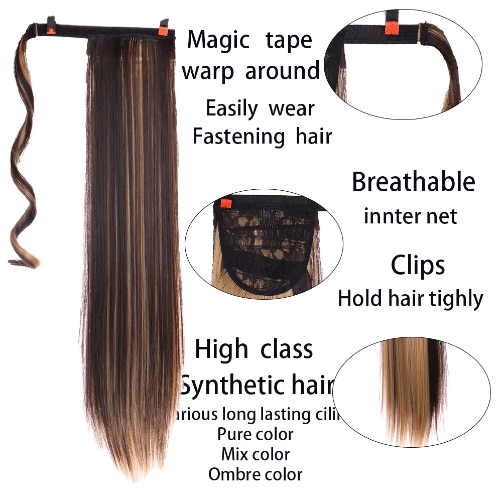 ذيل حصان صناعي طويل مستقيم بطول 26 بوصة وصلة شعر متعرجة من الألياف باللون الأسود والأشقر شعر مستعار على شكل ذيل حصان