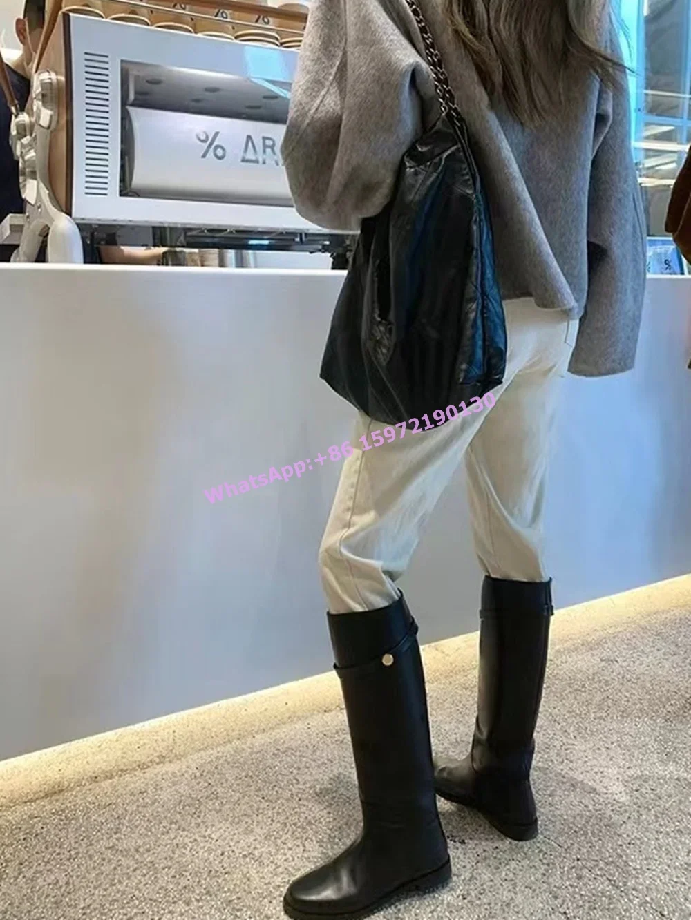Belt Black Long Boots Round Toe Square Heels Slip On Metal Button Flat with Knee High Boots Hotties Leisure Winter Shoes image 5