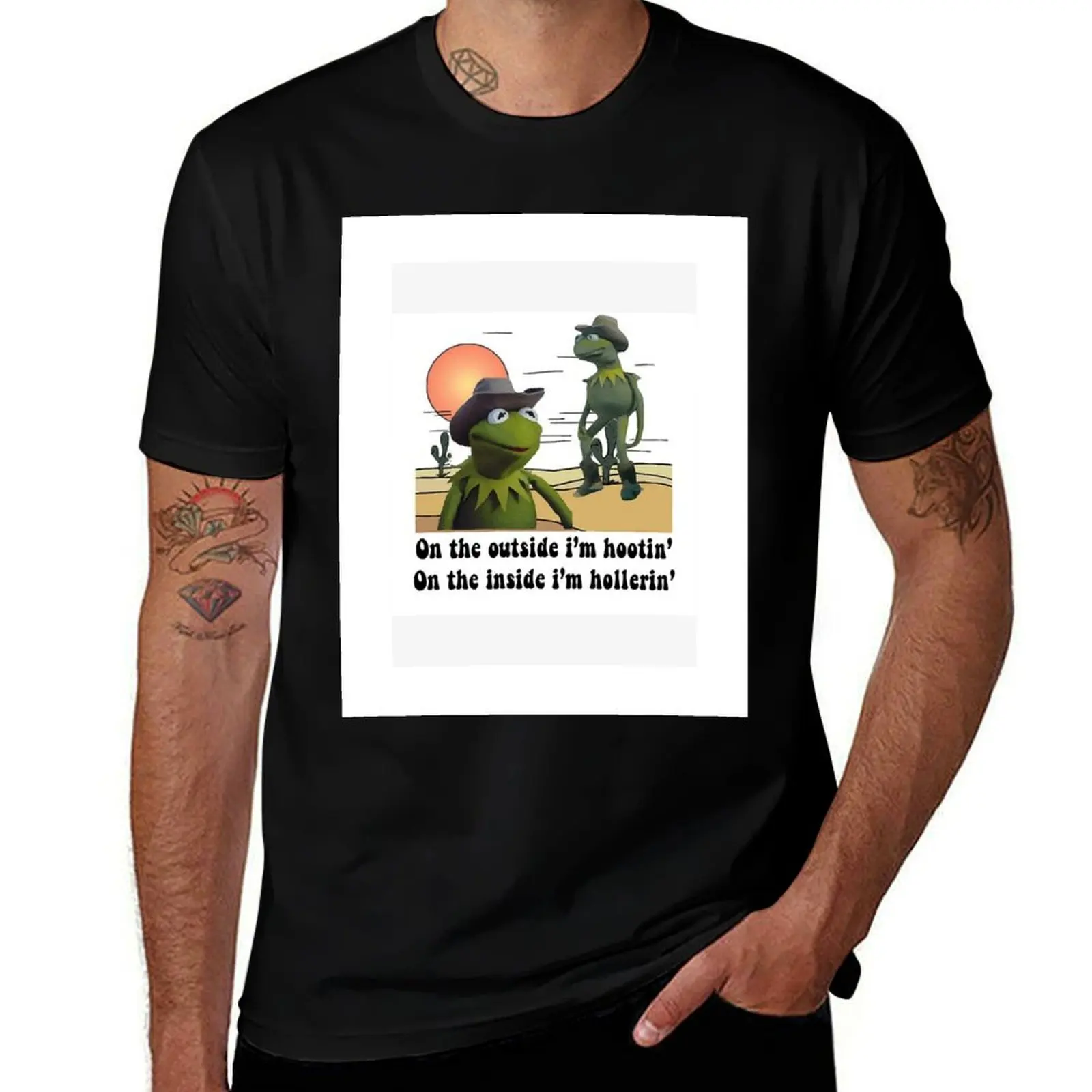On the outside i'm hootin on the inside i'm hollerin kermit cowboy meme T-Shirt Fashion Print Casual Short Sleeve T-Shirt