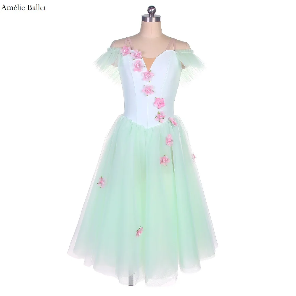 

22097 Pale Green Leotard Bodice with Small Flower Applique Decoration Romantic Ballet Tutu Girls & Women Performance Ballet Tutu