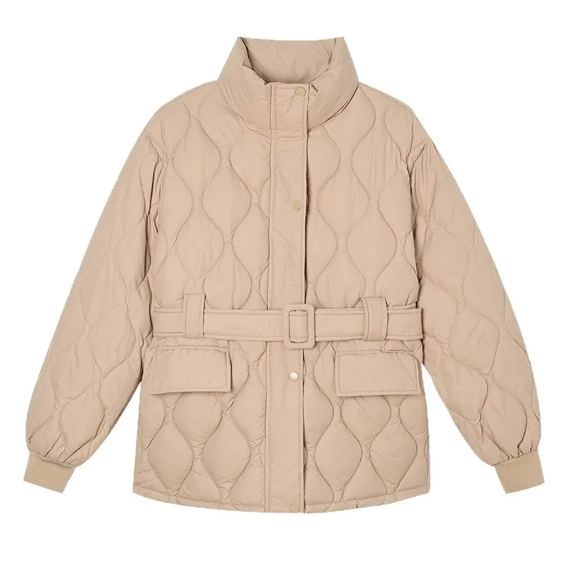 Cappotto imbottito da donna invernale Tasche con colletto alla coreana con stampa geometrica Giacca trapuntata da donna Giacca elegante in vita per signora