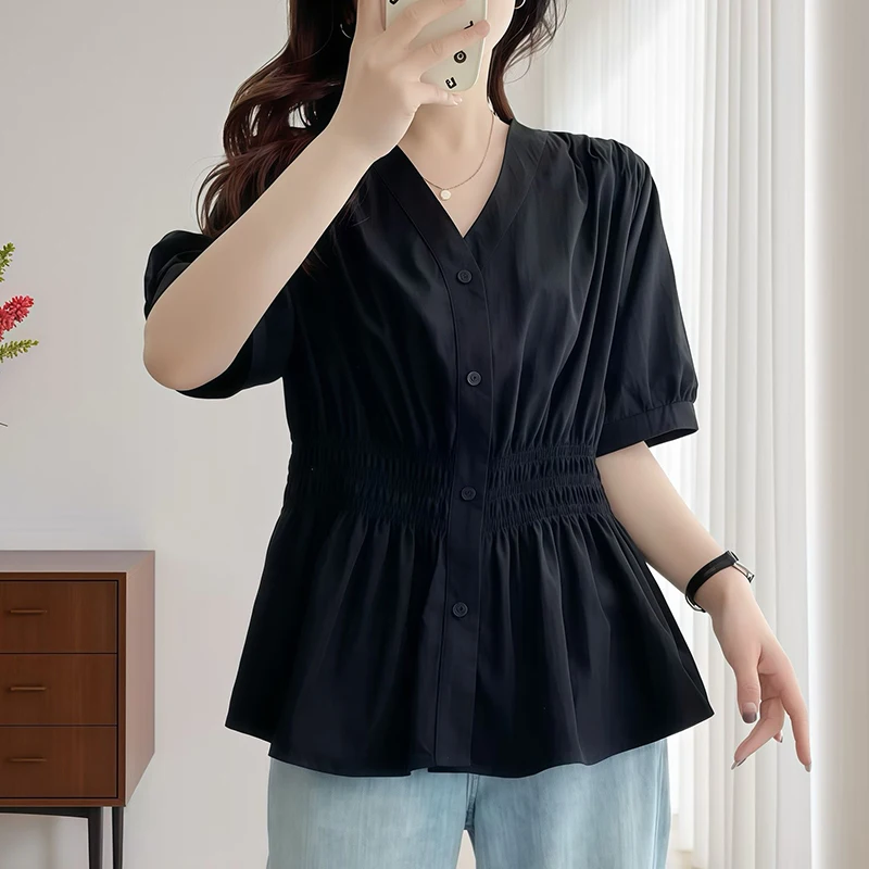 200 Pounds Plus Size Elastic Waist Summer Shirt And Blouse Short Sleeve Solid Top Women's New In Clothes Simple V-neck French