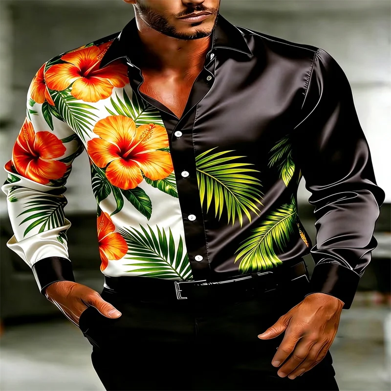 2026 New Men Glossy Satin Shirt Red Hibiscus Tropical Palm Print Patchwork Long Sleeve Lapel Button Down Party Vacation Streetwe