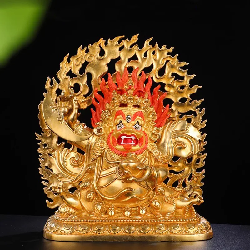 Copper Full Gilt Two-Arm Mahakala Buddha Ornament Tibetan Secret Buddha Table Home Serving Guardian Statue7Inch