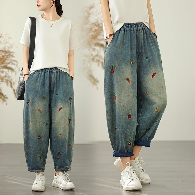 

Elegant Embroidered Loose Fit Women's Jeans Thin Summer Cotton Denim High Waist Nine Points Harlan Pants Slimming Effect