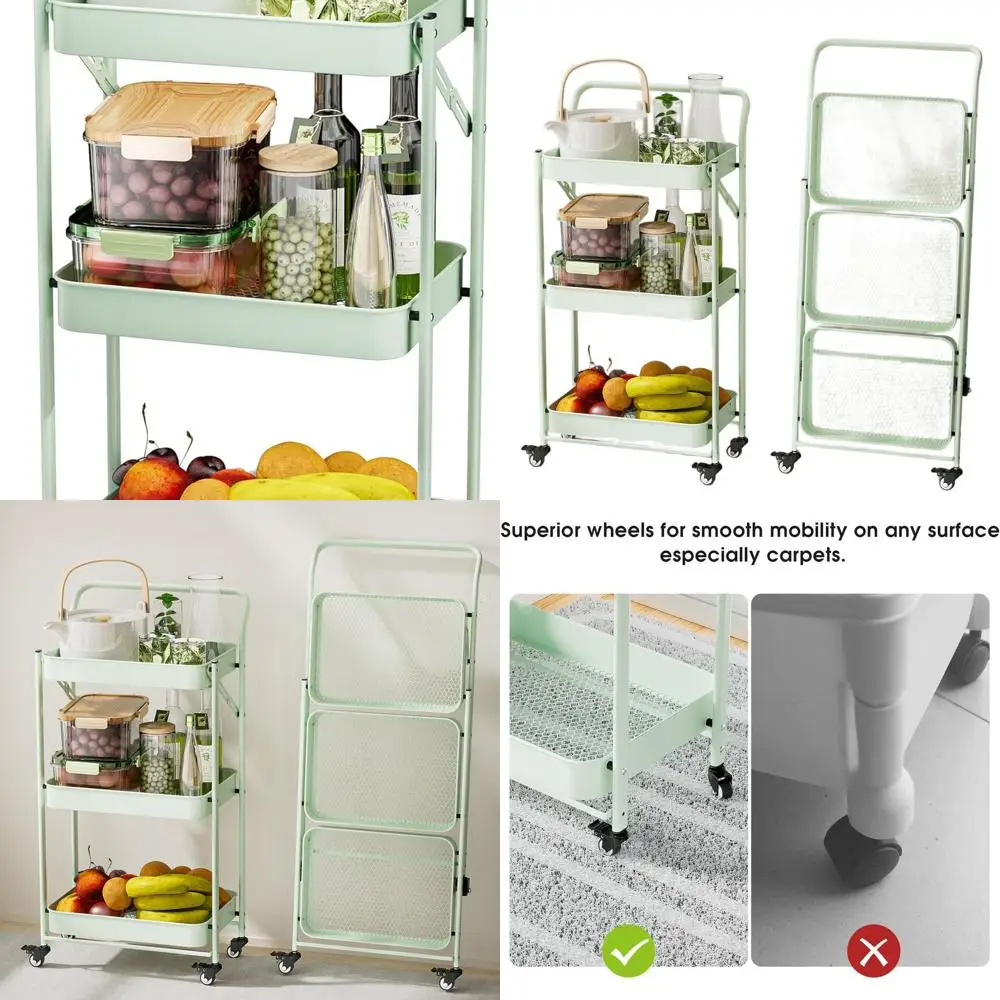 

3-Tier Folding Metal Cart with Wheels for Kitchen, Living Room, and Bathroom Storage (Green)