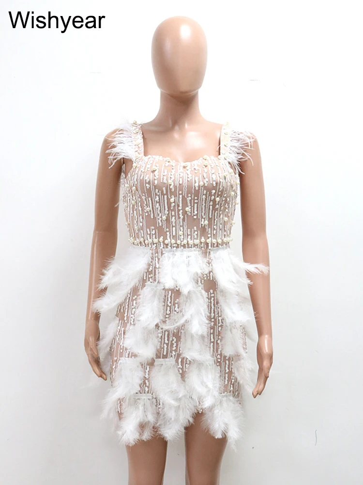 Nowa elegancka luksusowa perłowa sukienka z piórami Bodycon Midi sukienka seksowna impreza w klubie nocnym gość weselny wieczór kobiety odzież urodzinowa — zdjęcie 5