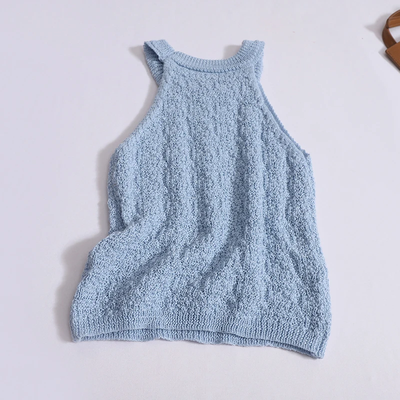 Knitted Vest Women's Fashion Hanging Neck Off The Shoulder Camisole Summer 2024 New Fashion Light Blue Vest Tops