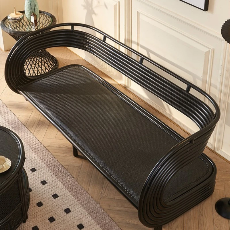 

French retro wind rattan three-person sofa home living room small apartment black rattan fabric seat cushion straight sofa