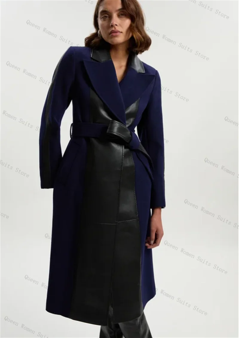 

Cashmere PU Leather Women Suit 1 Piece Long Blazer Blue Prom Dress Winter Formal Office Jacket Winter Wool Overcoat Customized