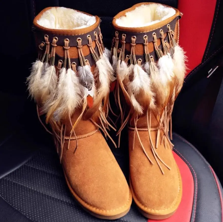 2024 New Ethnic style Feather Tassel Fur Winter Warm Snow Mid-calf Boots Women Round Toe Slip-on Flats Casual Shoes For Ladies