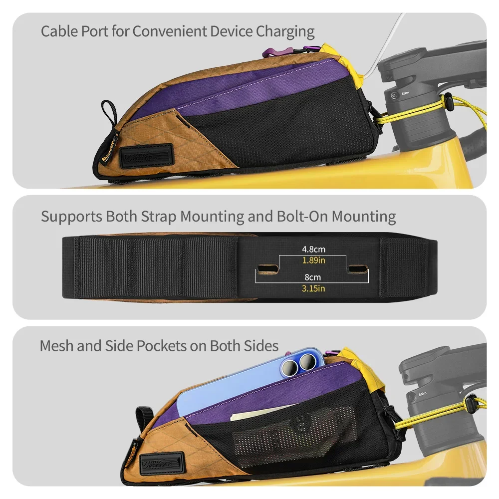 Rhinowalk Bicke Tube Bag Frame Phone Storage Bag 0.9L Support Strap Bolt Mounting Suitable for Road Bike Cycling Accessories