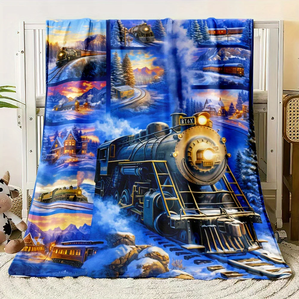 Custom Steam Train Blanket Vintage Locomotive Landscape Personalized Name Fleece Throw All Season Soft Warm Bedding Home Decor