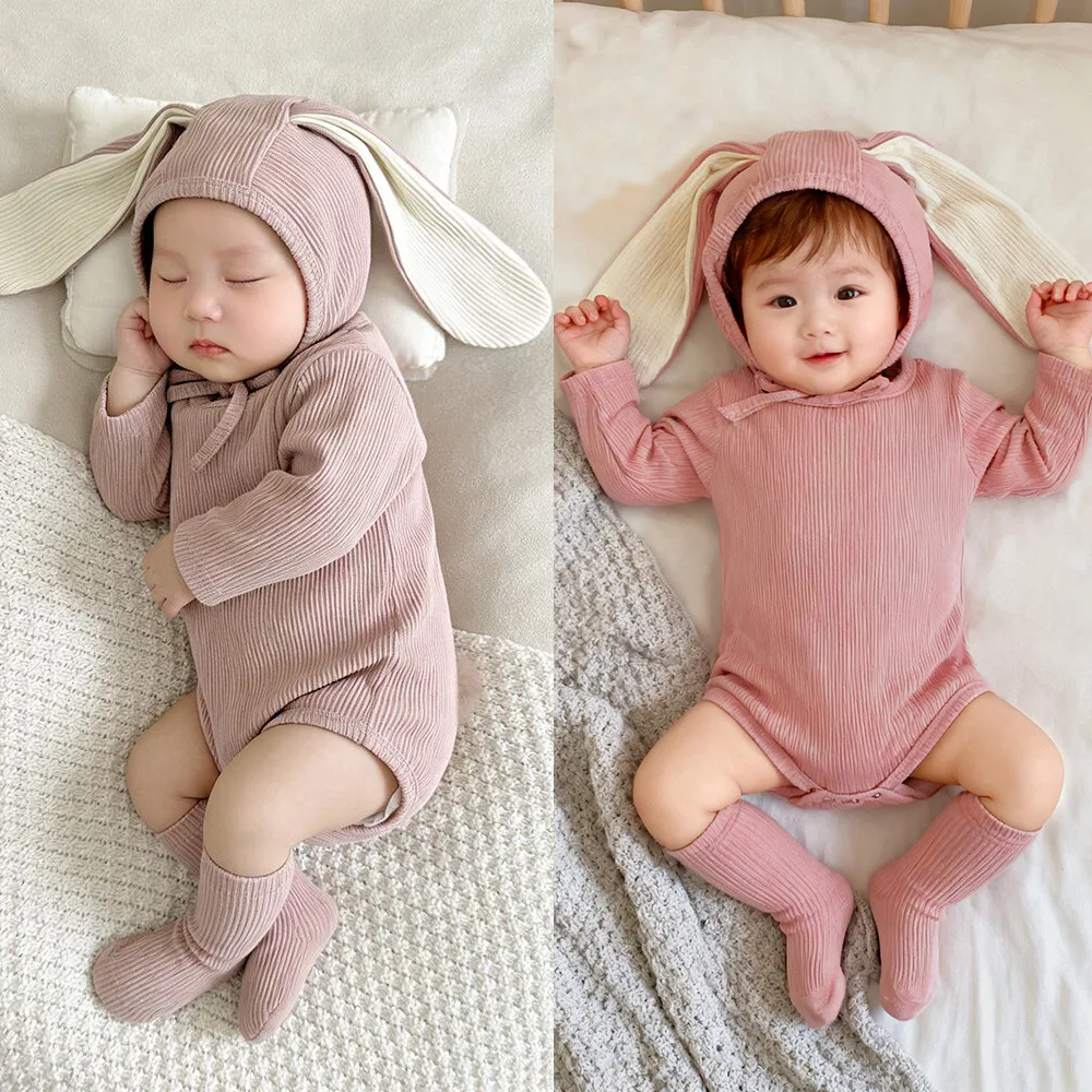 Spring 0-24M Newborn 3Pcs Bodysuit+Hat+Leg Warmers Sets 2026 Baby Boys Girls Bunny Ear Hat Pom-pom Decor Comfortable Clothes