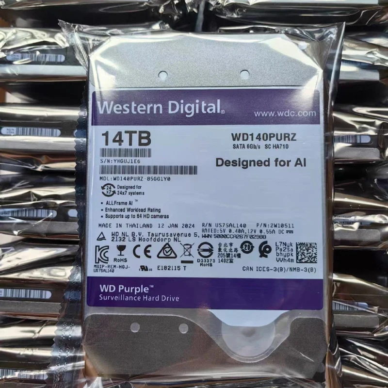 

WD-14TB (WD140PURZ) Hard Disk 3.5" SATA 7200RPM For Surveillance Hard Drive FOR Ai