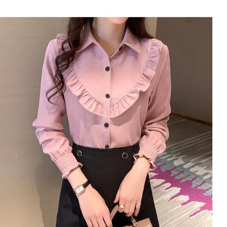 Wine Red Autumn and Winter New Lantern Sleeve Corduroy Long Sleeved Shirt for Women with Thick Velvet and Slim Fit Inner Layer