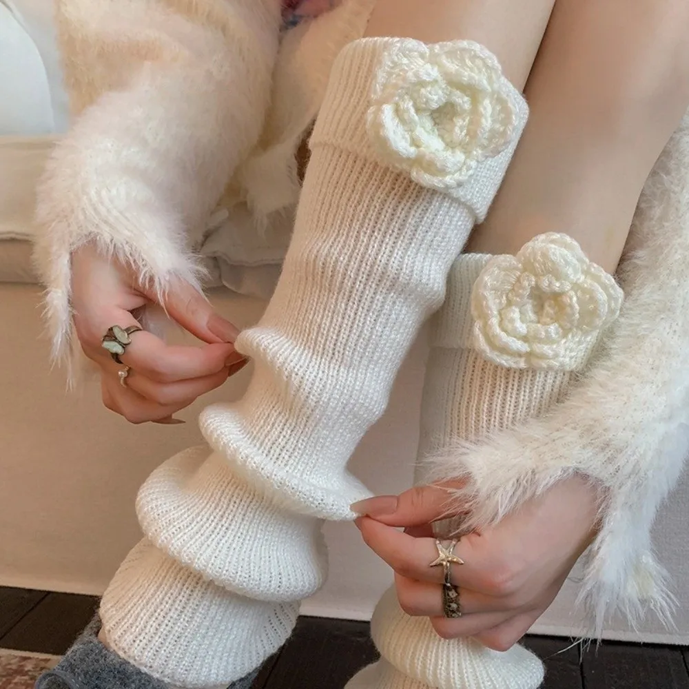 

New Solid Color Leg Warmers Thickened INS Middle Tube Socks Handmade Flowers Knitted Mid-Calf Sock Gift
