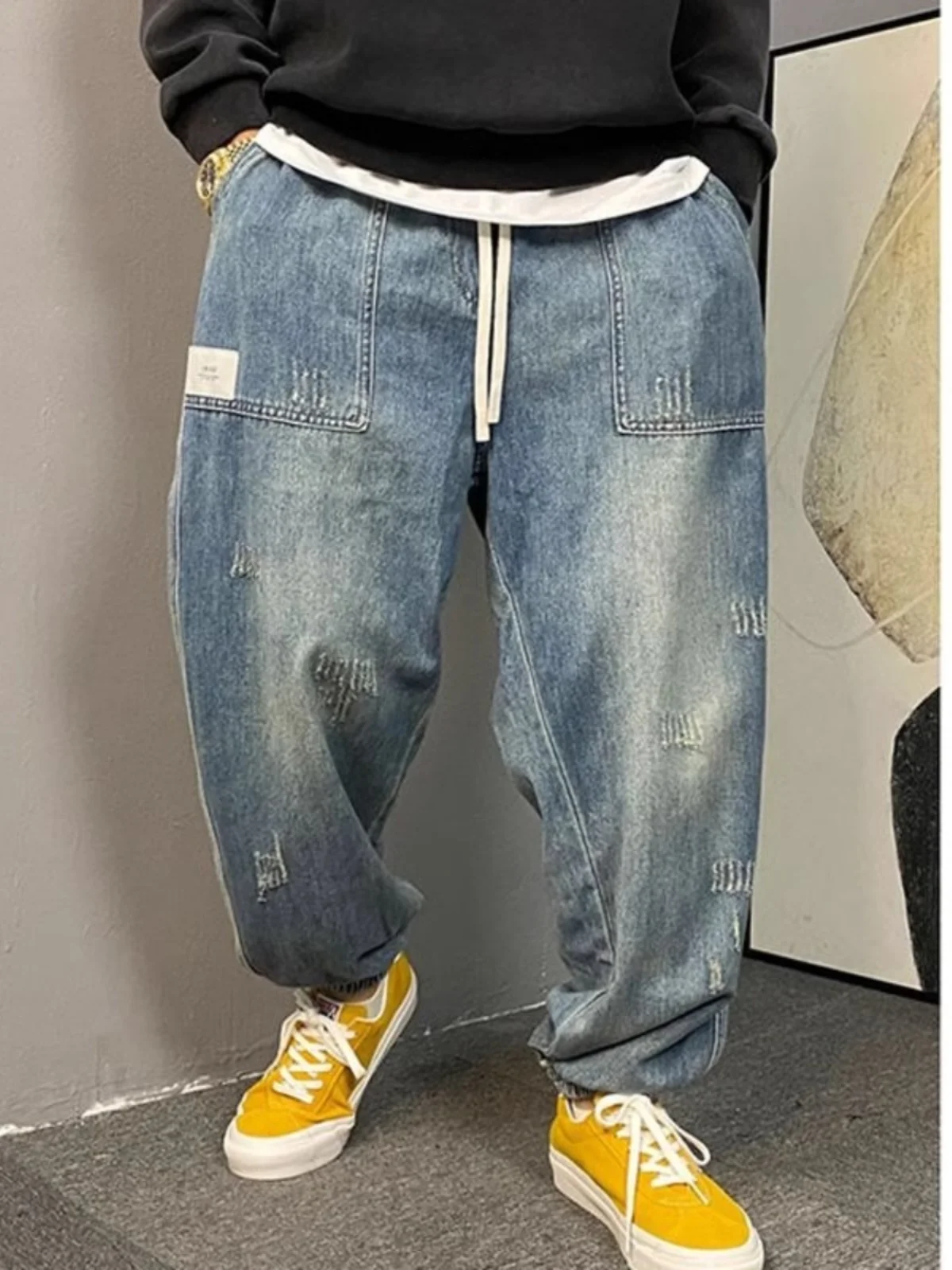 plus Size Men's Denim Jeans Trendy Brand Spring Summer Loose Washed Harlan Nine Point Cuffed Jeans Casual Straight Leg Trousers