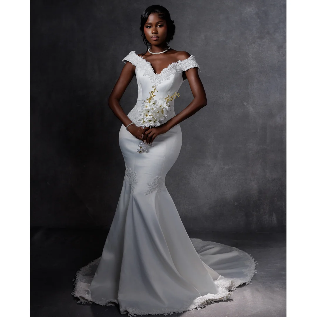 White Mermaid Wedding Dresses Lace Appliques Sweep Train Bridal Gown Off the Shoulder Luxury Party Dress Customized