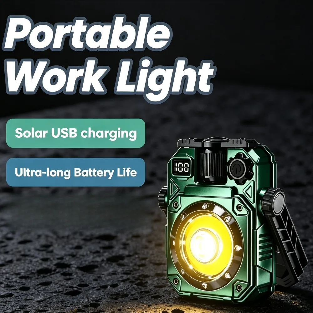 Solar‑USB Dual‑charge COB Camping Work Light Magnetic Attraction Digital Display Torch for Outdoor Camping Repair Emergency Use