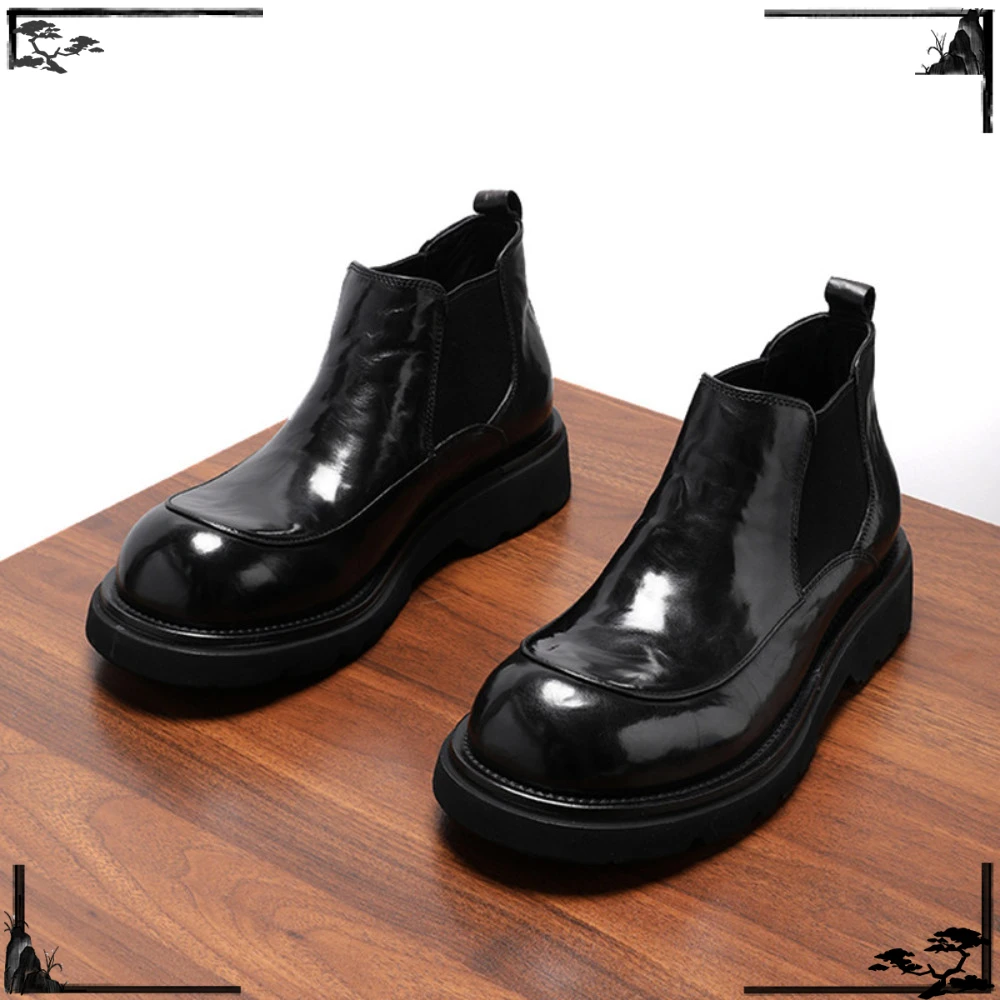 Mens Thick Soled Boots High Top Business Casual Ankle Boots Genuine Calf Leather Round Toe Leather Boots for Men