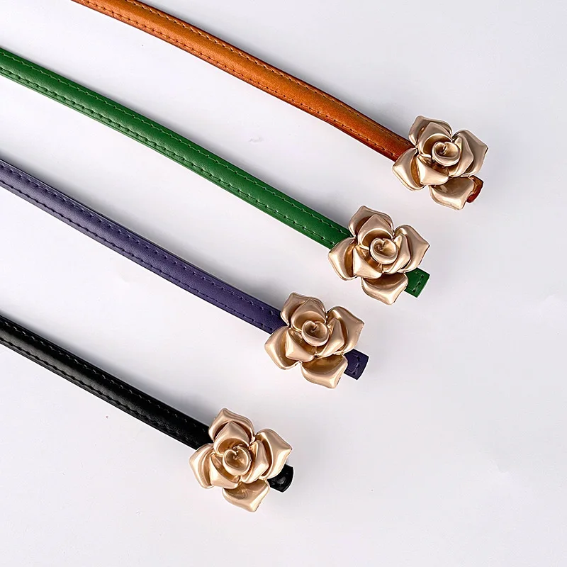 Women Genuine Leather Thin Belt Floral Flower Decorative Slimming Waist Belt For Sweater Dress Cowhide Fashion Accessories
