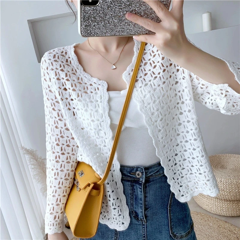 2025 New Fashion Thin Knitted Cardigan Jacket Women Spring Summer Hollow Shawl Short Tops Female Casual All-Match Sun-Proof Coat