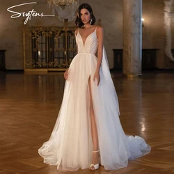Sexy V-Neck Tulle A-Line Glitter Boho Beach Wedding Dress Bride 2024 Backless High Split Bridal Gown Vestido De Novia