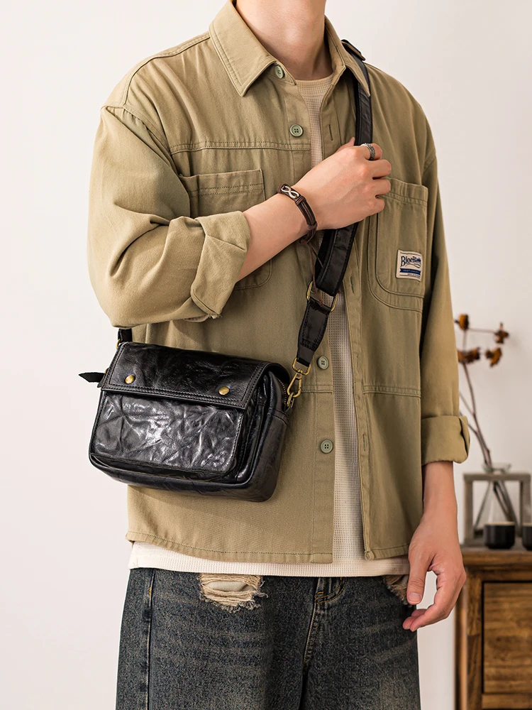 outdoor work high quality genuine leather men's small black shoulder bag Simple fashion cow leather brand teens crossbody bag