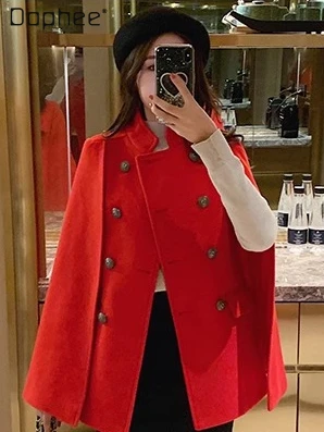 

Classic Temperament Celebrity Woolen Shawl Jacket Cape Coat Women Autumn Winter Fashion Double-breasted Loose Casual Coats