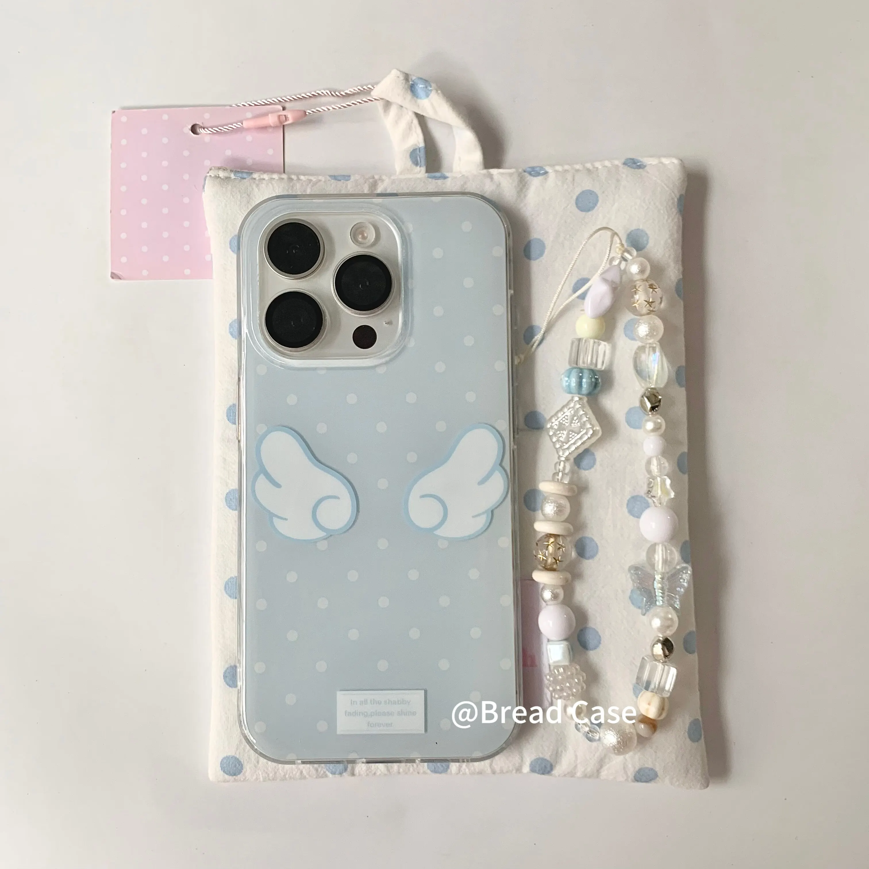 Milky Blue Polka-Dot Angel Wings Korean Phone Case For iPhone 17 Air 16 15 14 13 12 11 Pro Max Plus Y2K Cover Ins Advanced